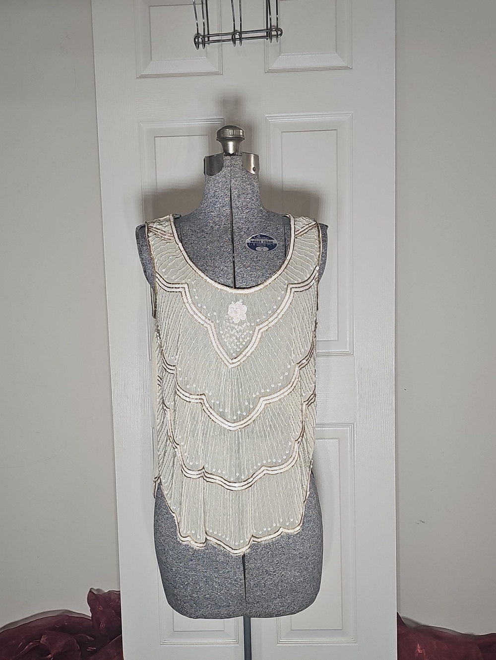 Sabine Cream Beaded Sequin Scalloped Flapper Tank Top Art Deco Mesh Size M